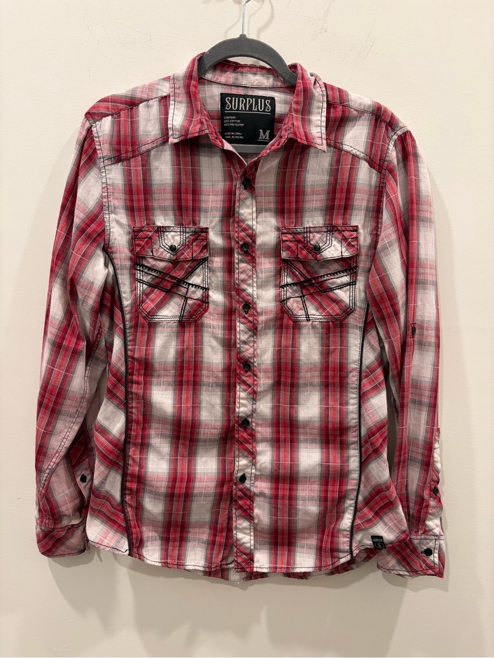 Surplus Men’s Red Plaid Long-Sleeve Button-Down Shirt
